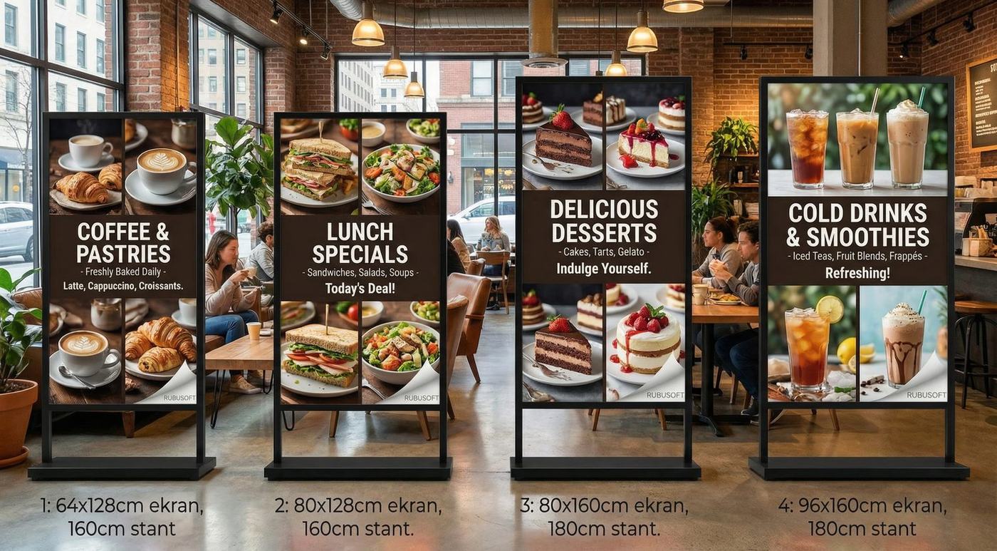 Restoran ve kafe için dört farklı ölçüde Boardline LED stand örneği