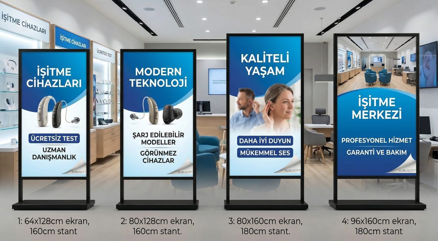 İşitme merkezi için dört farklı ölçüde Boardline LED stand örneği