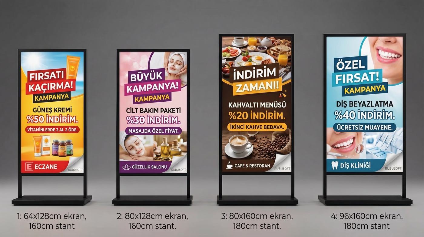 Karma kampanya için dört farklı ölçüde Boardline LED stand örneği