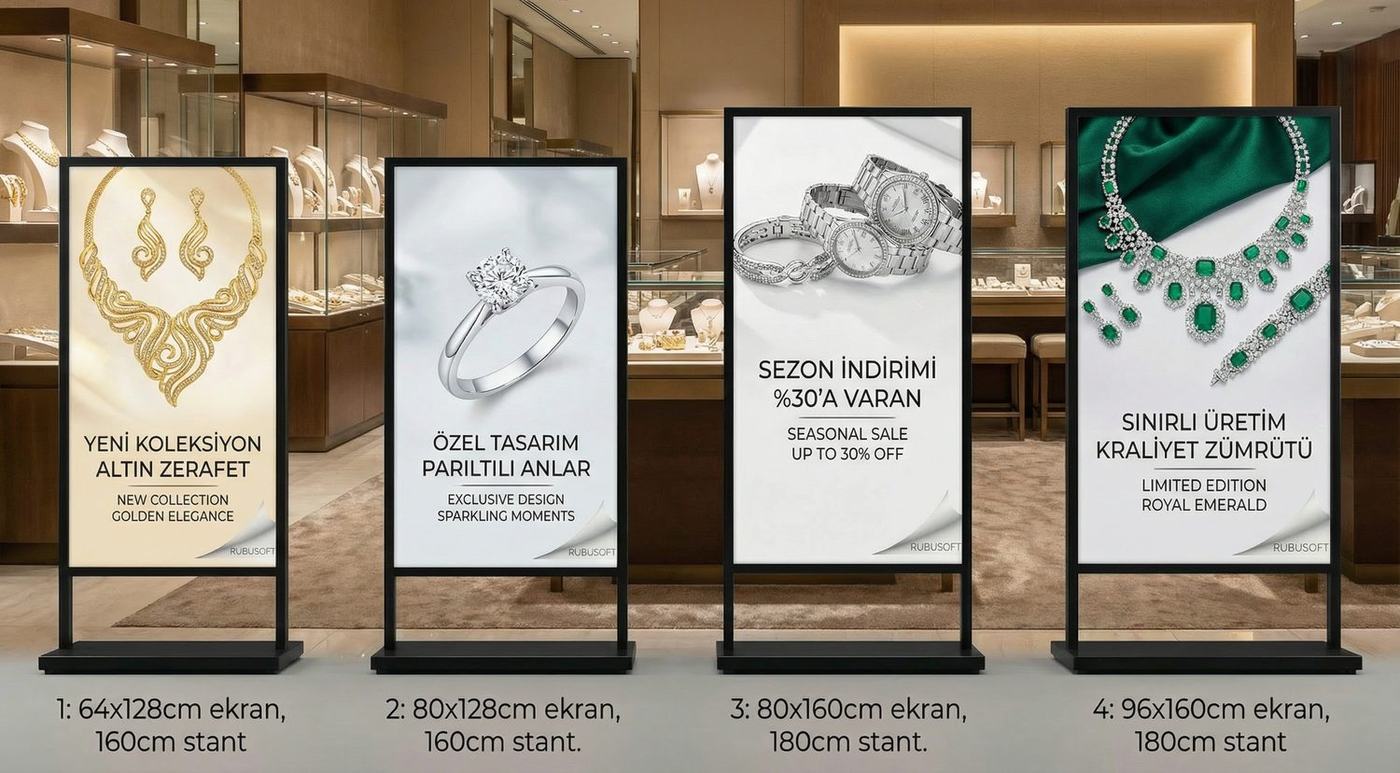 Kuyum ve saat için dört farklı ölçüde Boardline LED stand örneği