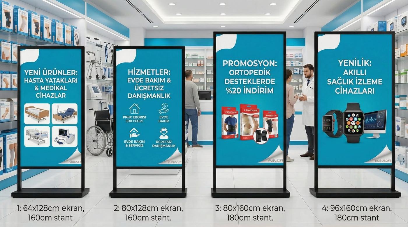 Medikal ve sağlık için dört farklı ölçüde Boardline LED stand örneği