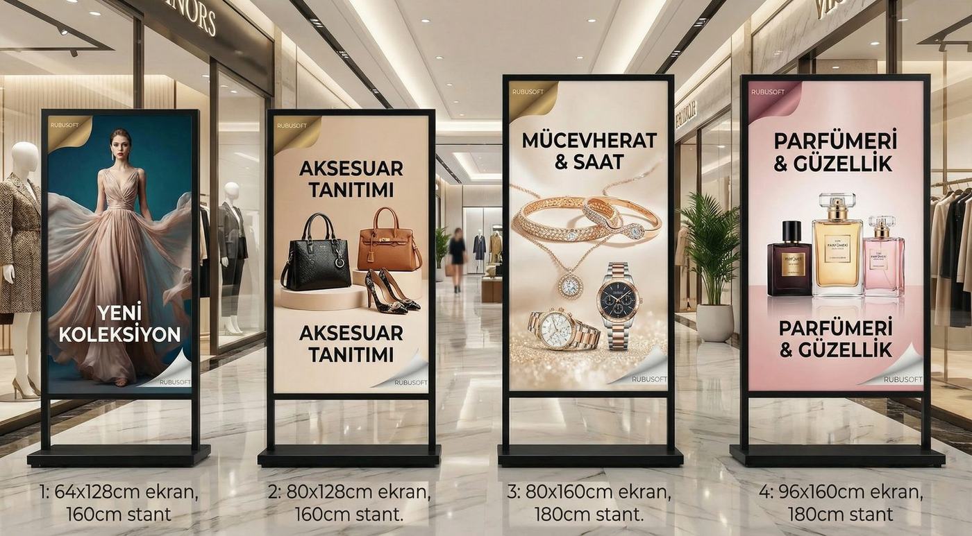 Moda ve AVM için dört farklı ölçüde Boardline LED stand örneği