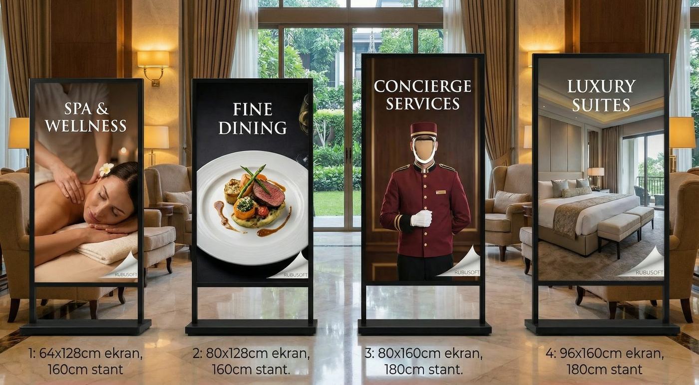 Otel ve konaklama için dört farklı ölçüde Boardline LED stand örneği
