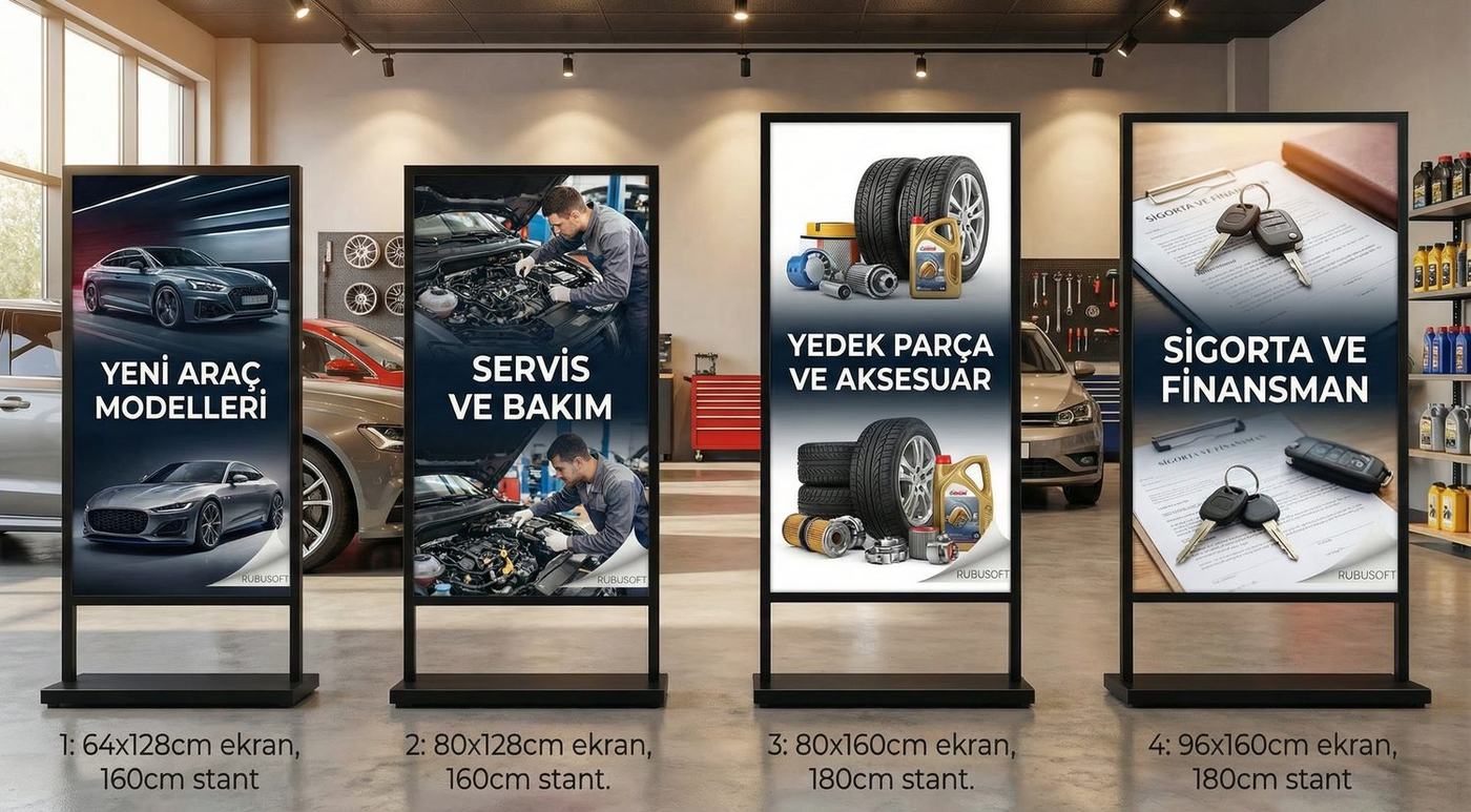 Otomotiv galeri için dört farklı ölçüde Boardline LED stand örneği