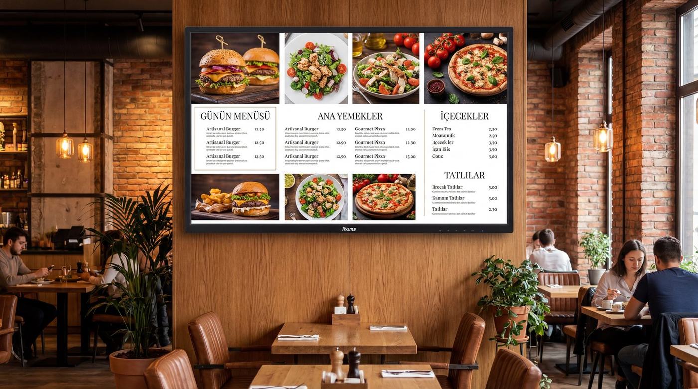 Kafe duvarında yan yana üç menü ekranı