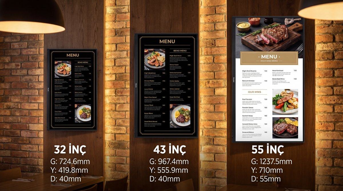 Dikey yerleşimde yan yana üç Android signage monitör, menü yayını yaparken