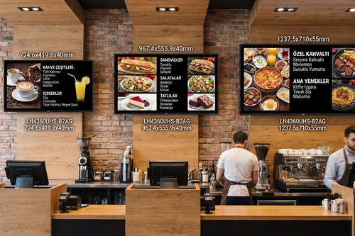 Kafe duvarında model adları ve dış ölçüleriyle üç ekran