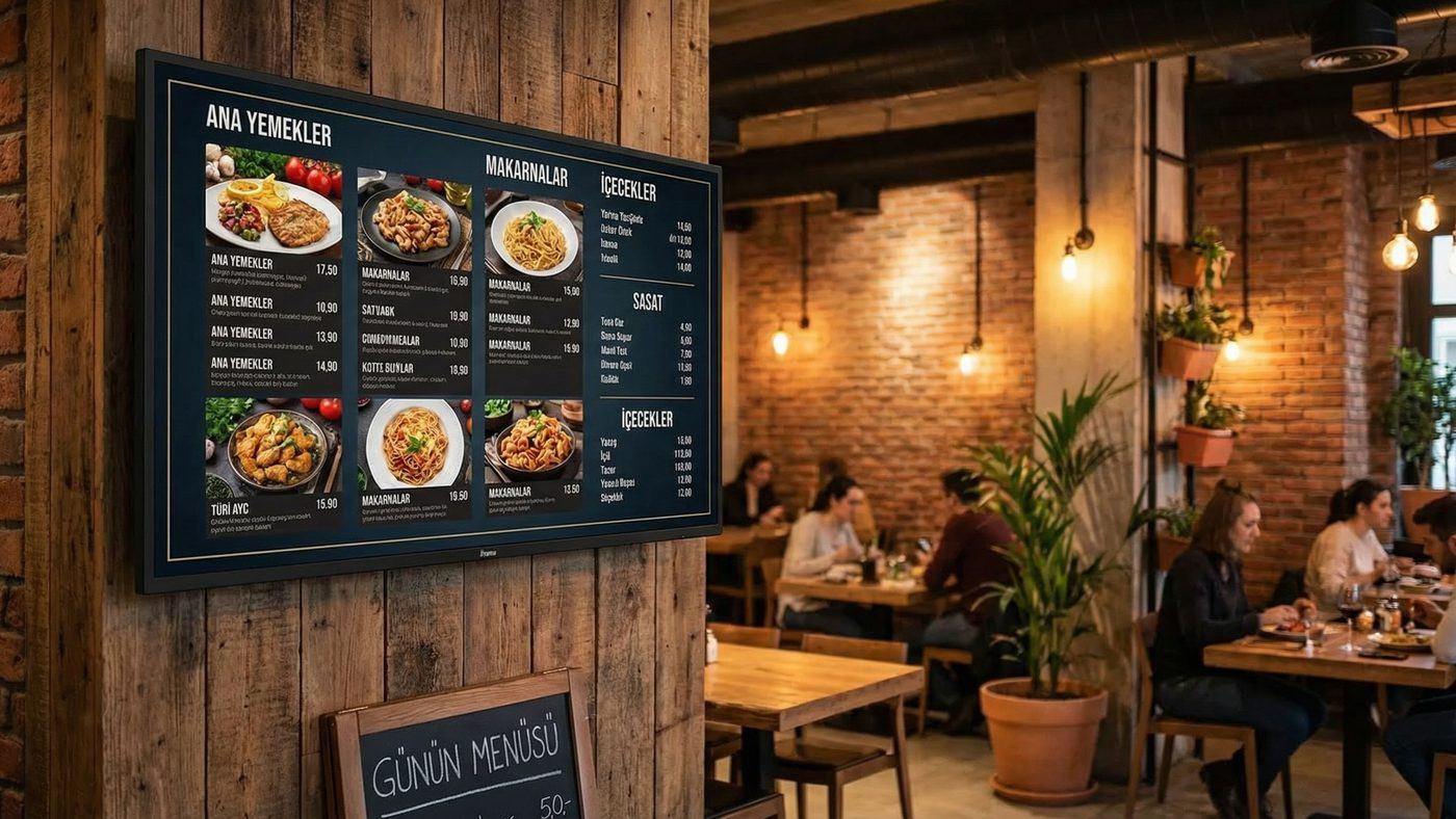 Restoran duvarında ana yemekler menüsü gösteren geniş ekran
