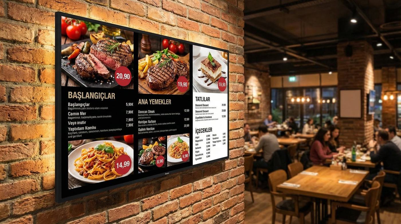 Restoranda yan yana iki menü ekranı, başlangıçlar ve ana yemekler