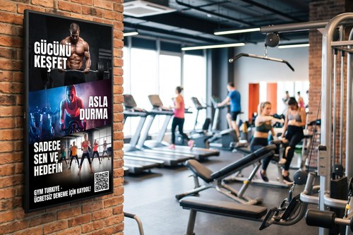 Spor salonunda motivasyon ve üyelik kampanyası gösteren dikey ekran